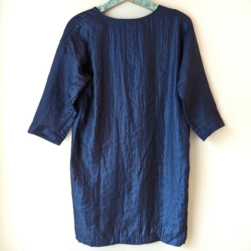 Diarte Oversized Shirt Dress 3/4 Sleeve Viscose Lagenlook Blue Shiny NWT Small - Picture 4 of 6